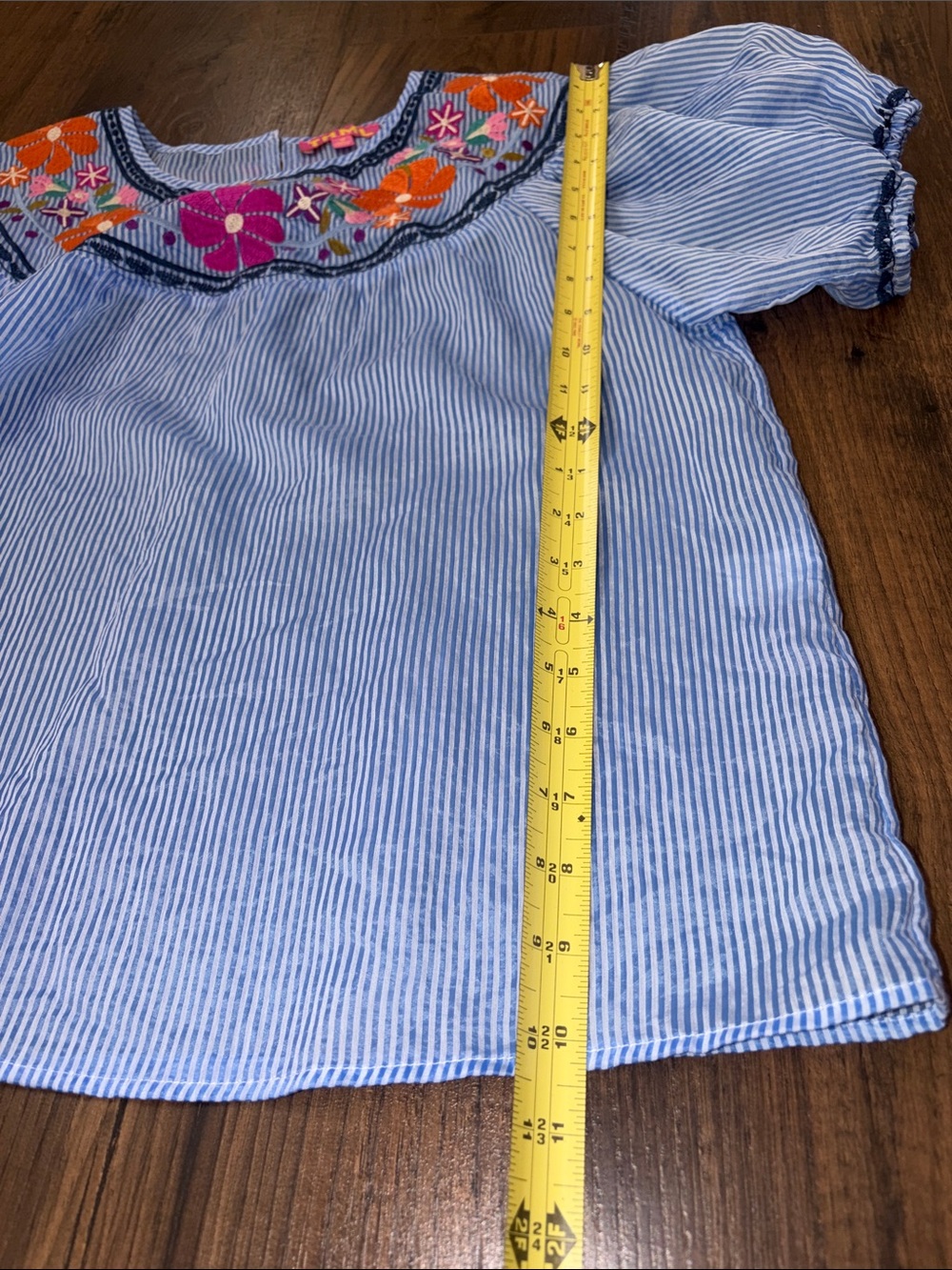 NWOT THML Light Blue Striped Puff-Sleeve Top with Floral Embroidery - Picture 6 of 9